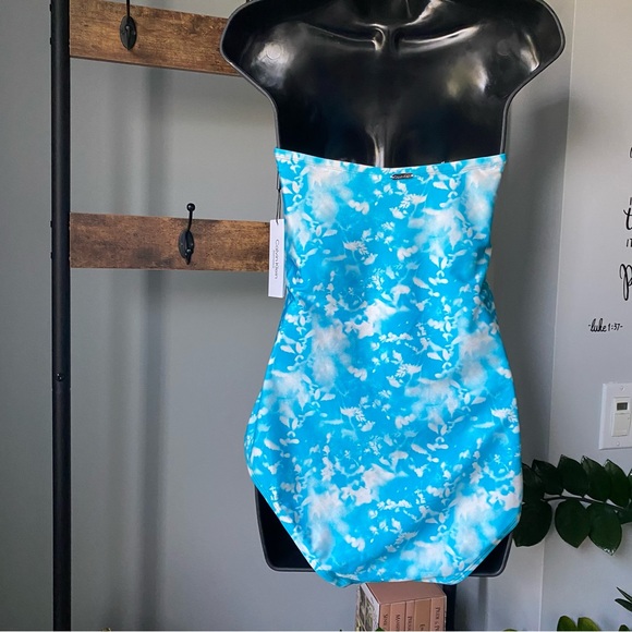 Calvin Klein Women's Printed V-Notch Bandeau One-Piece Swimsuit Blue Size 12 NEW - Picture 6 of 7